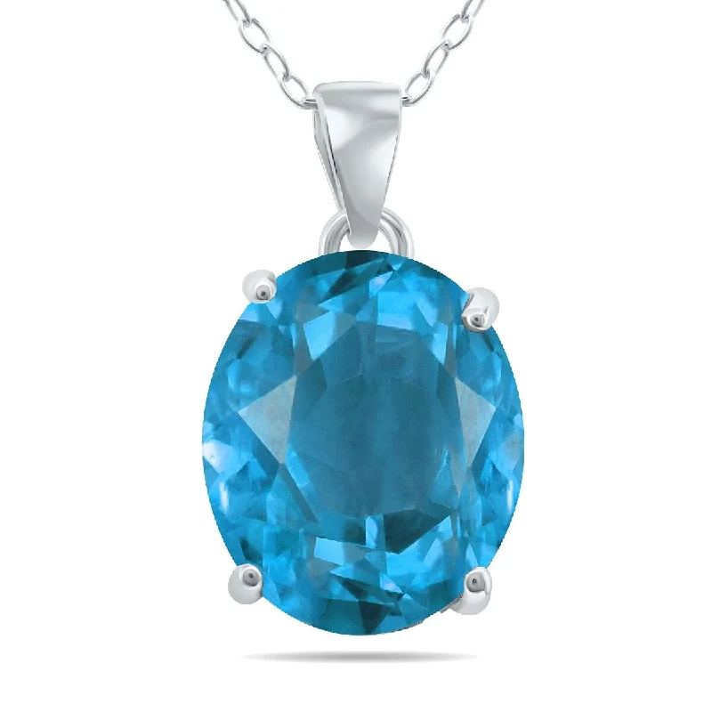 custom gemstone bar necklace -12X10mm Genuine Oval Blue Topaz Solitaire Pendant in .925 Sterling Silver