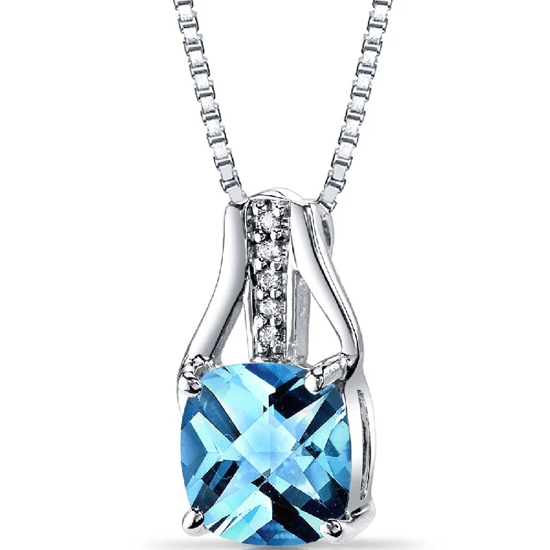 engraved heart pendant necklace -14k White Gold 2.5 ct Swiss Blue Topaz and Diamond Pendant Necklace