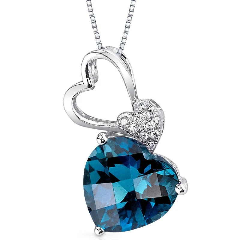 dainty silver gemstone necklace -14k White Gold 3.07 ct London Blue Topaz and Diamond Pendant Necklace