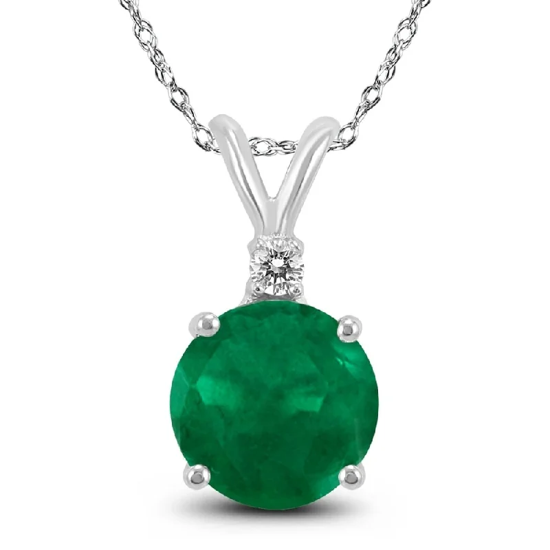 boho necklace with pendant -14K White Gold 5MM Round Emerald and Diamond Pendant