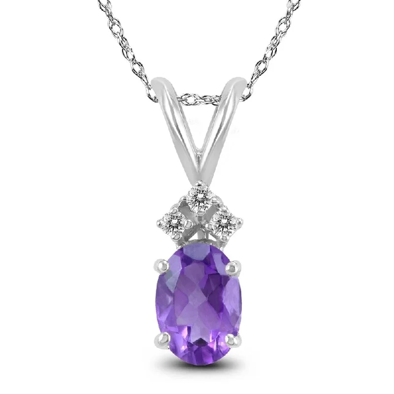 adjustable chain necklace with pendant -14K White Gold 6x4MM Oval Amethyst and Diamond Pendant