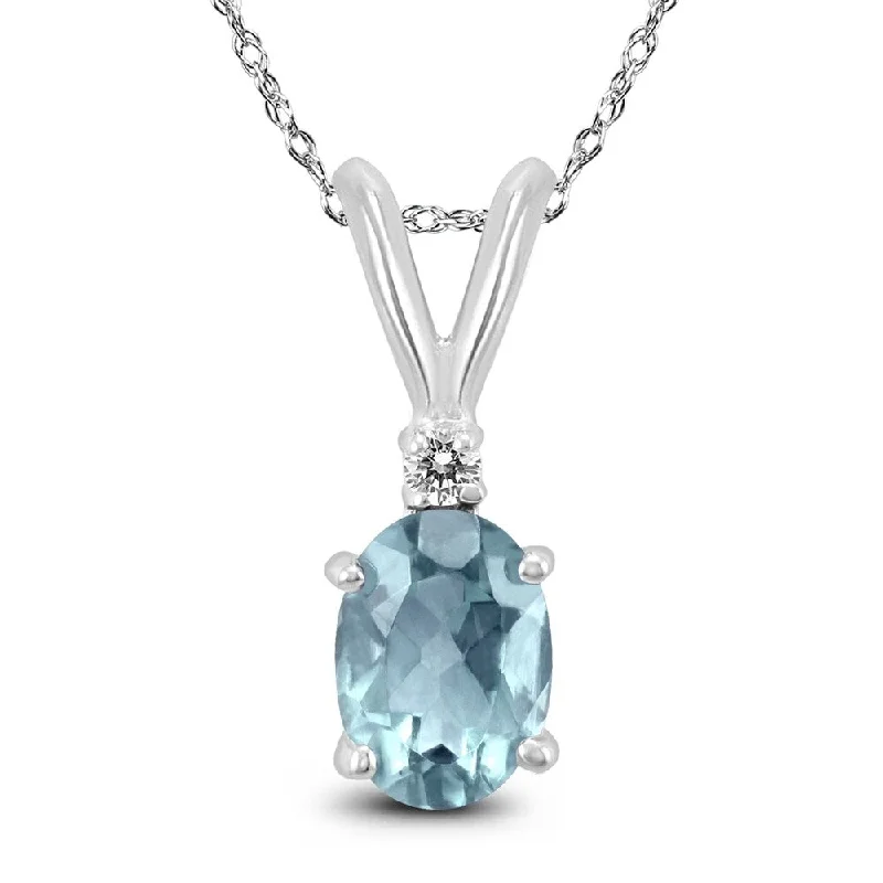 personalized charm pendant necklace -14K White Gold 6x4MM Oval Aquamarine and Diamond Pendant