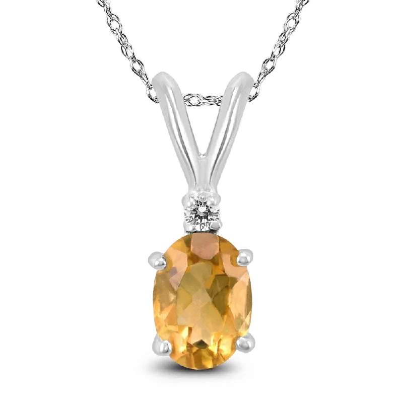 long silver chain with pendant -14K White Gold 6x4MM Oval Citrine and Diamond Pendant