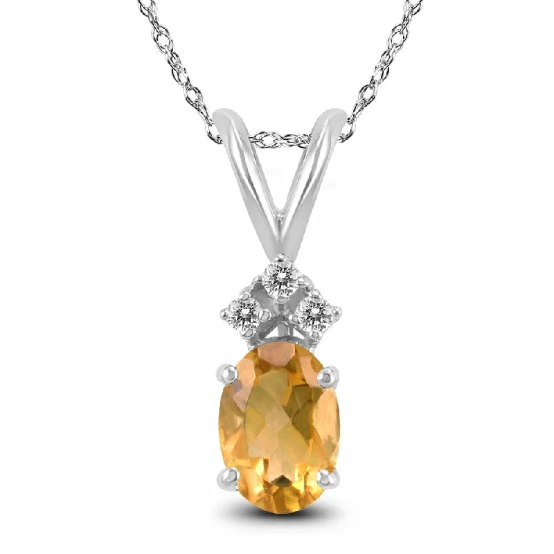 elegant chain pendant necklace -14K White Gold 6x4MM Oval Citrine and Diamond Pendant