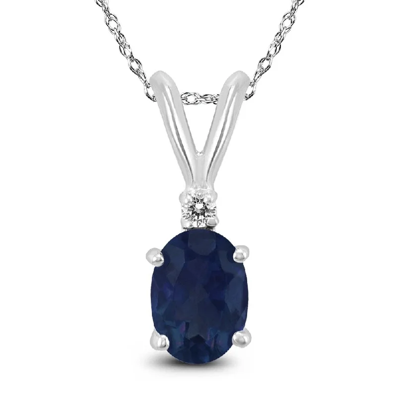 dainty gold pendant necklace -14K White Gold 6x4MM Oval Sapphire and Diamond Pendant