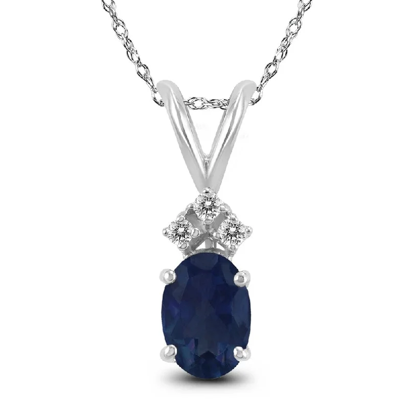 handmade heart-shaped pendant necklace -14K White Gold 6x4MM Oval Sapphire and Diamond Pendant