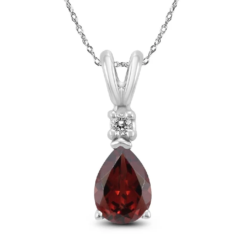 long gold pendant necklace for women -14K White Gold 6x4MM Pear Garnet and Diamond Pendant