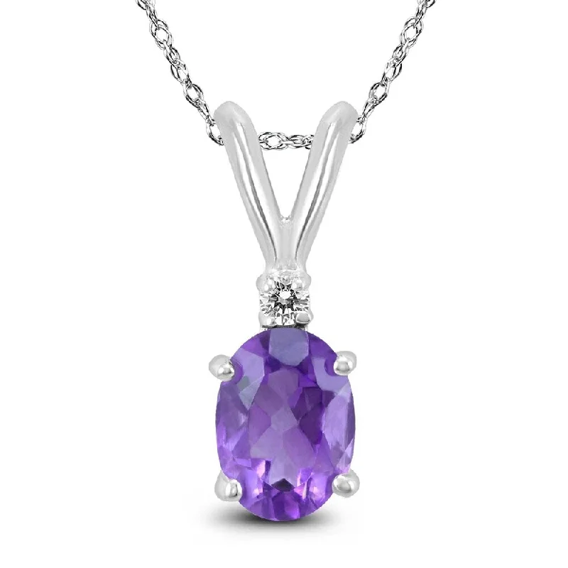 handmade heart-shaped pendant necklace -14K White Gold 7x5MM Oval Amethyst and Diamond Pendant