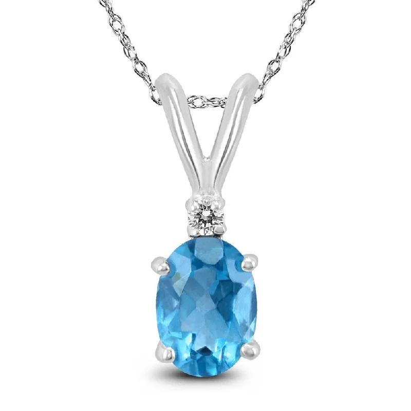 custom birthstone necklace -14K White Gold 7x5MM Oval Blue Topaz and Diamond Pendant