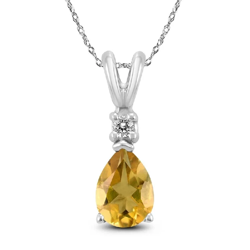 simple gemstone bar necklace -14K White Gold 7x5MM Pear Citrine and Diamond Pendant