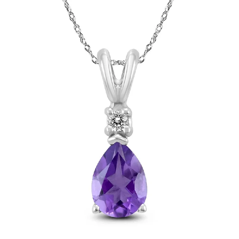 personalized long pendant necklace -14K White Gold 8x6MM Pear Amethyst and Diamond Pendant