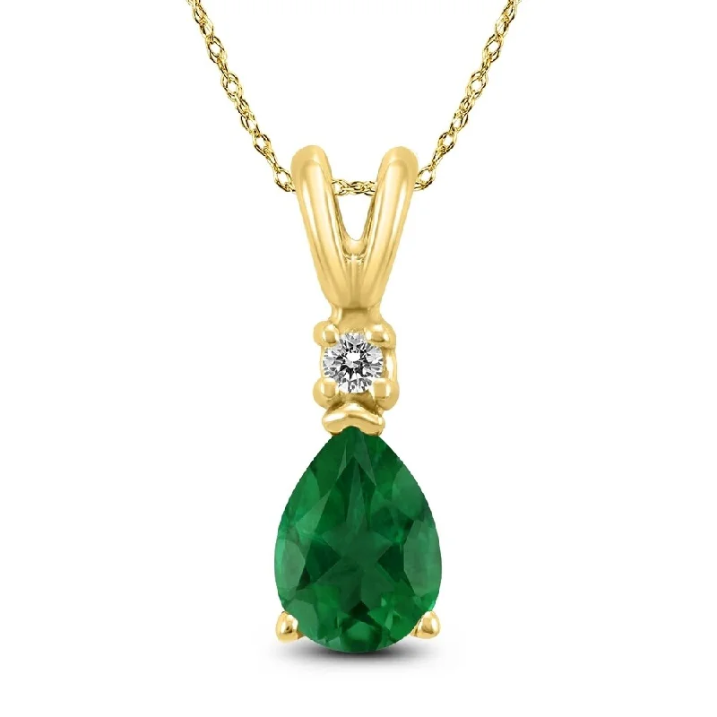 elegant necklace with gemstone pendant -14K Yellow Gold 5x3MM Pear Emerald and Diamond Pendant