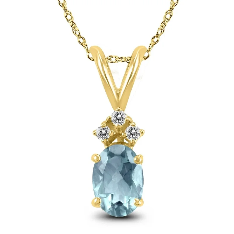 personalized gemstone necklace silver -14K Yellow Gold 6x4MM Oval Aquamarine and Diamond Pendant