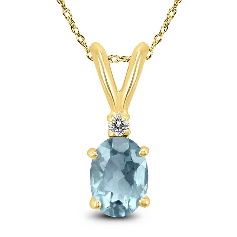 chunky gold chain pendant necklace -14K Yellow Gold 6x4MM Oval Aquamarine and Diamond Pendant