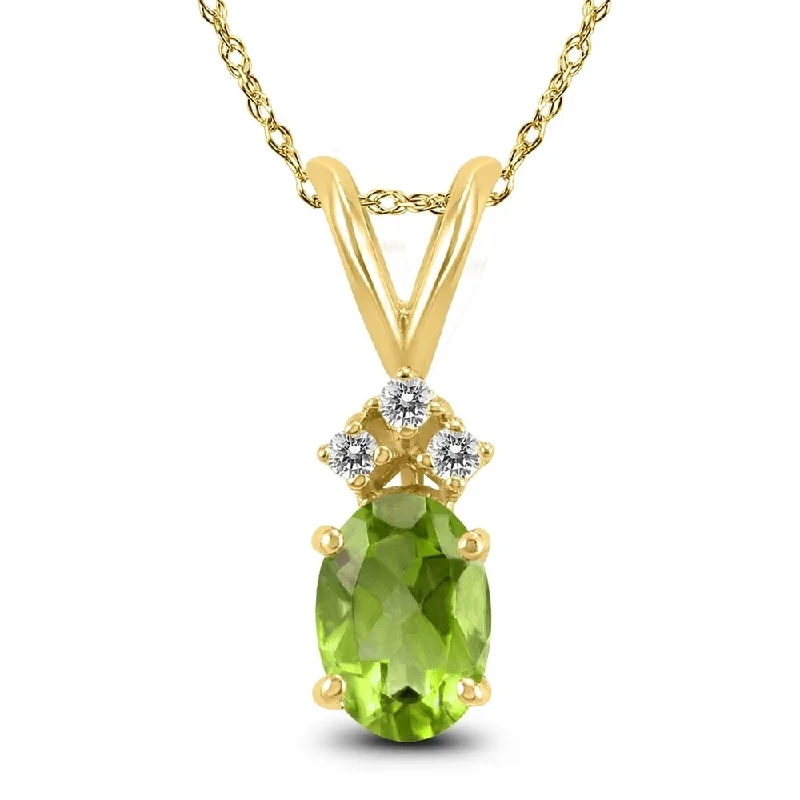 personalized bar necklace for men -14K Yellow Gold 6x4MM Oval Peridot and Diamond Pendant