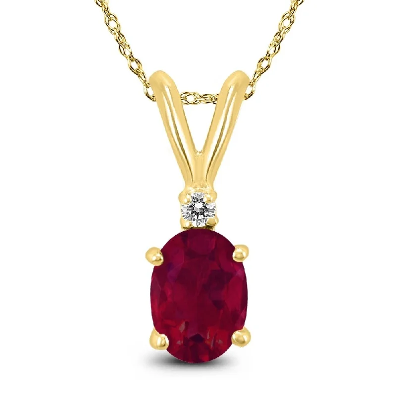 trendy silver pendant for necklace -14K Yellow Gold 6x4MM Oval Ruby and Diamond Pendant