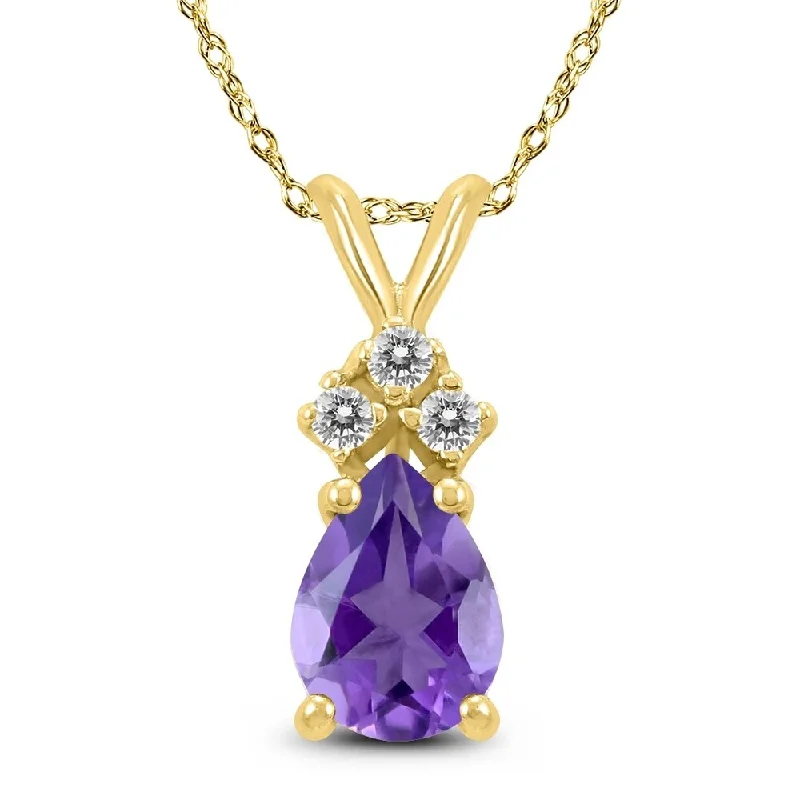 engraved heart pendant necklace -14K Yellow Gold 8x6MM Pear Amethyst and Diamond Pendant