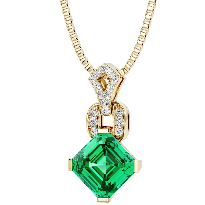 statement pendant necklace silver -Asscher Cut Colombian Emerald and Diamond Pendant Necklace 14K Yellow Gold 2.25 Carats