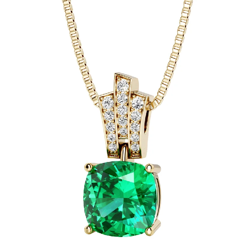 gold leaf charm necklace -Cushion Cut Colombian Emerald and Diamond Pendant Necklace 14K Yellow Gold 3 Carats