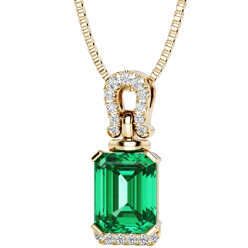 crystal pendant necklace for women -Colombian Emerald and Diamond Pendant Necklace 14K Yellow Gold 3 Carats Emerald Cut