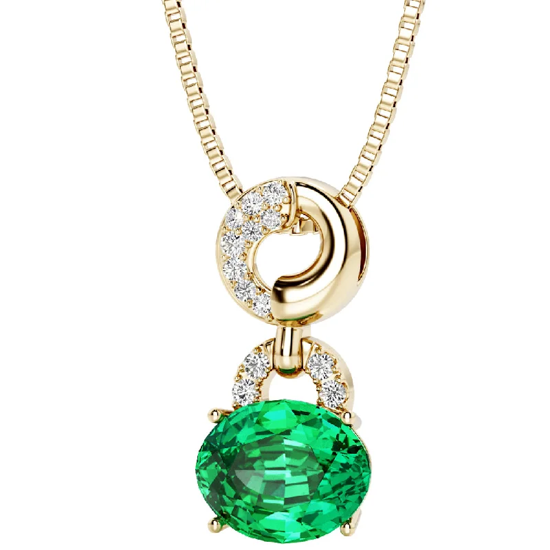 rainbow gemstone pendant necklace -Colombian Emerald and Diamond East West Pendant Necklace 14K Yellow Gold 2.50 Carats Oval Shape