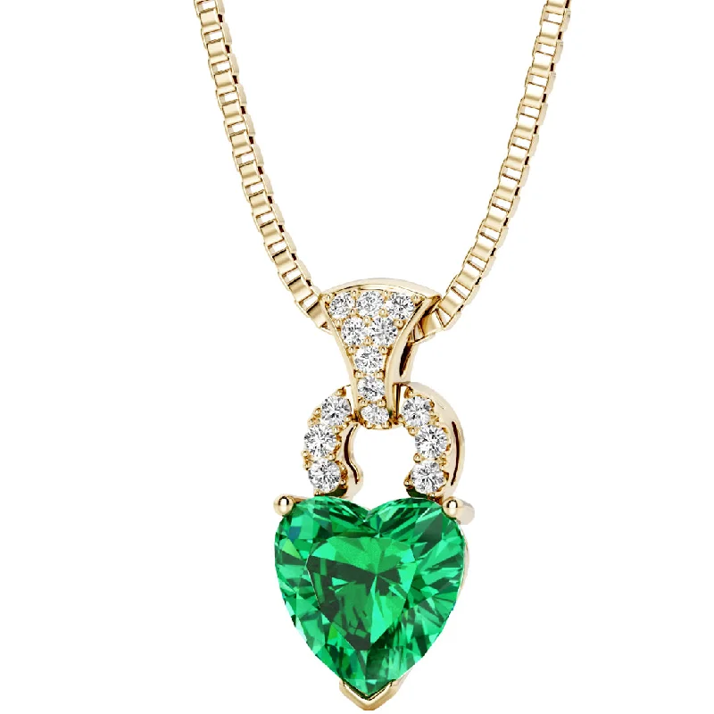 personalized pendant for brides -Heart Shape Colombian Emerald and Diamond Pendant Necklace 14K Yellow Gold 1.75 Carats