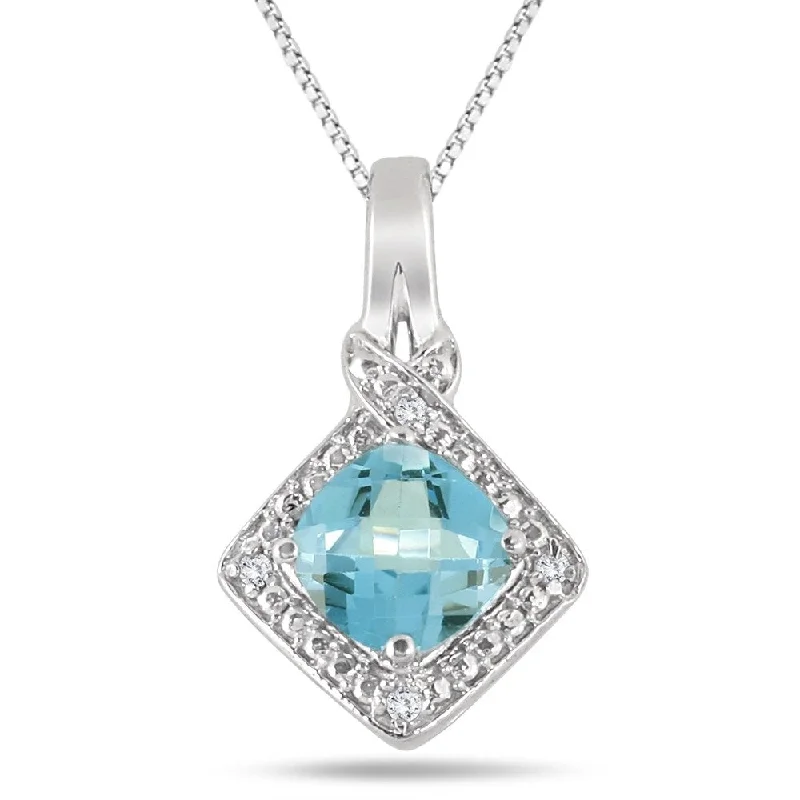 custom letter pendant necklace -2.25 Carat Cushion Blue Topaz and Diamond Pendant in .925 Sterling Silver