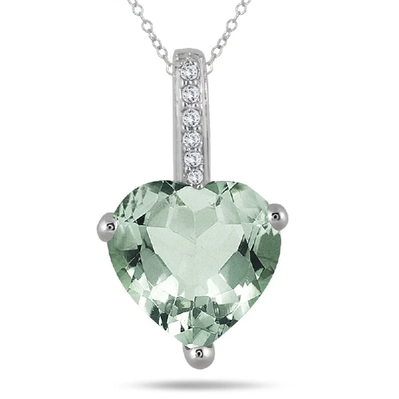 chunky silver pendant necklace -2.70 Carat Green Amethyst Heart and Diamond Pendant in 10K White Gold