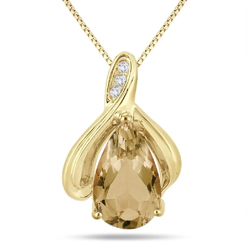 geometric crystal pendant necklace -3.25 Carat Pear Shaped Citrine and Diamond Pendant in Yellow Plated Sterling Silver