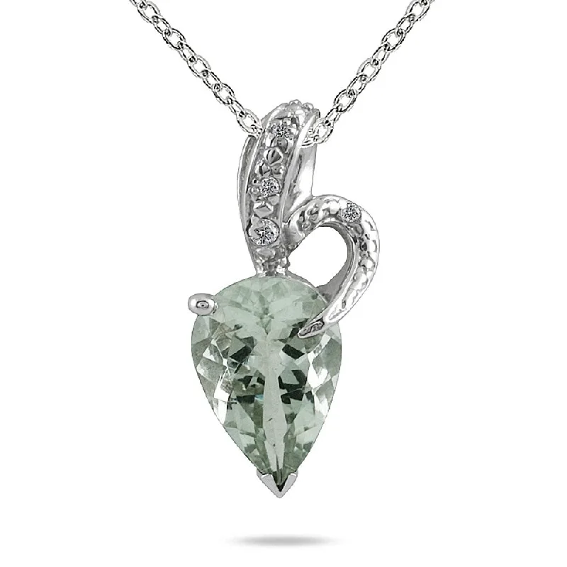 boho necklace with pendant -3.60 Carat All Natural Pear Shaped Green Amethyst and Diamond Pendant in .925 Sterling Silver