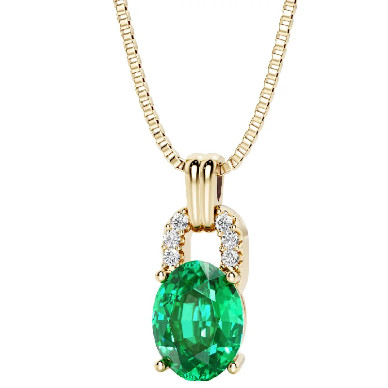 silver angel pendant necklace -Colombian Emerald and Diamond Pendant Necklace 14K Yellow Gold 1.75 Carats Oval Shape