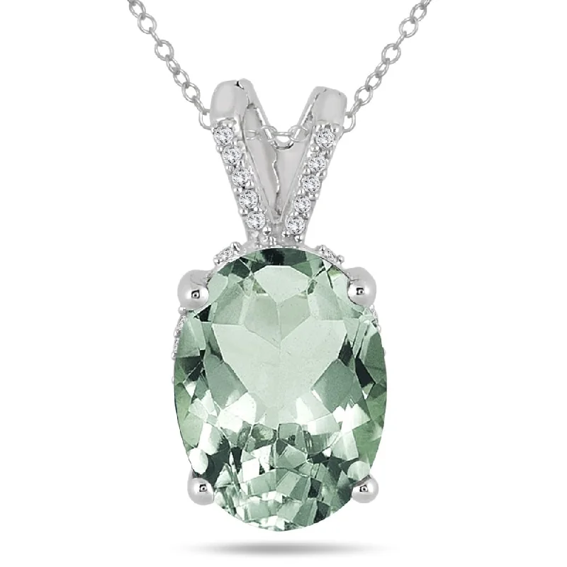 crystal pendant necklace for men -7 Carat Oval Green Amethyst and Diamond Engraved Pendant in 10K White Gold