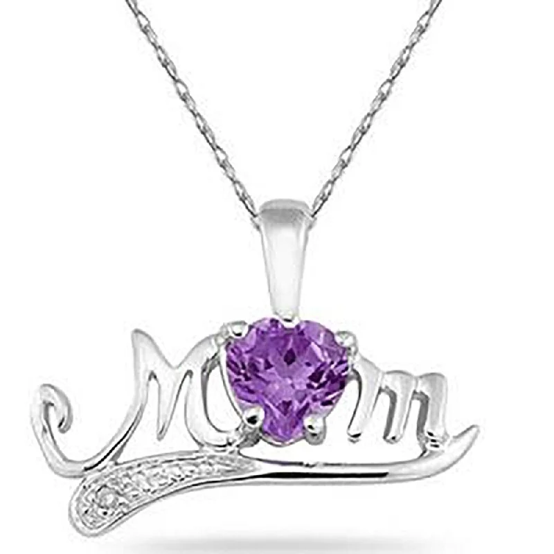 trendy pendant necklace gold -Amethyst and Diamond MOM Pendant in 10K White Gold