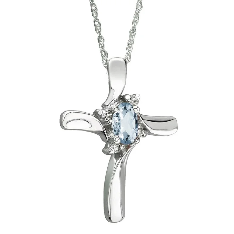 custom engraved pendant necklace silver -Aquamarine Cross Diamond Pendant 10k White Gold