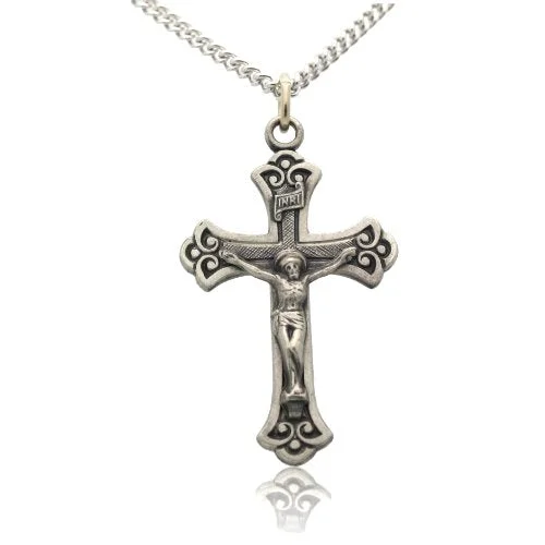 women’s birthstone pendant necklace -Budded INRI Crucifix Cross Necklace in Solid Sterling Silver