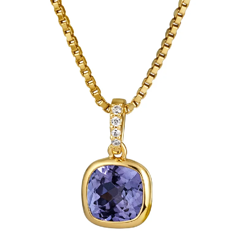 custom name pendant for necklace -Cushion Cut Tanzanite and Diamond Drop Pendant Necklace 14K Yellow Gold 1.50 Carats