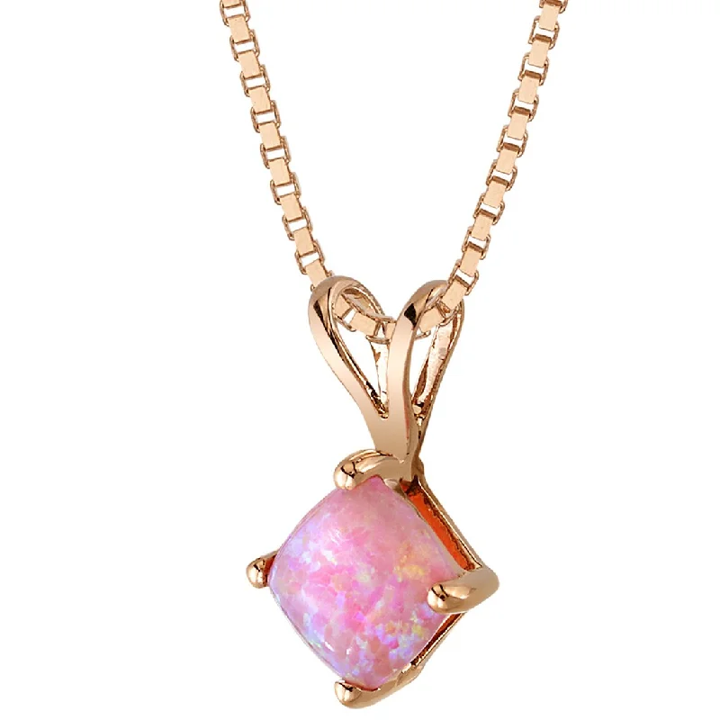 boho gemstone pendant necklace -Cushion Cut Pink Opal Pendant Necklace 14K Rose Gold