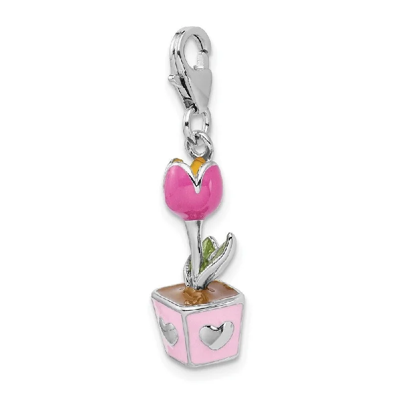 trendy silver bar necklace -Diamond2Deal 925 Sterling Silver 3-D Pink Enameled Potted Tulip Lobster Clasp Pendant (L- 40 mm, W- 8 mm)