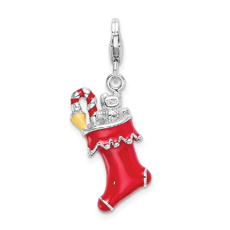 custom engraved heart charm necklace -Diamond2Deal 925 Sterling Silver 3-D Red Enameled Holiday Stocking Lobster Clasp Pendant (L- 41 mm, W- 15 mm)