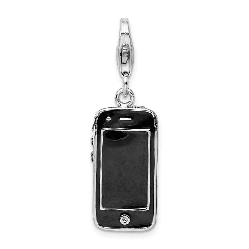 silver moon pendant necklace -Diamond2Deal 925 Sterling Silver Black Enameled 3D Cell Phone Pendant (L- 20 mm, W- 9 mm)