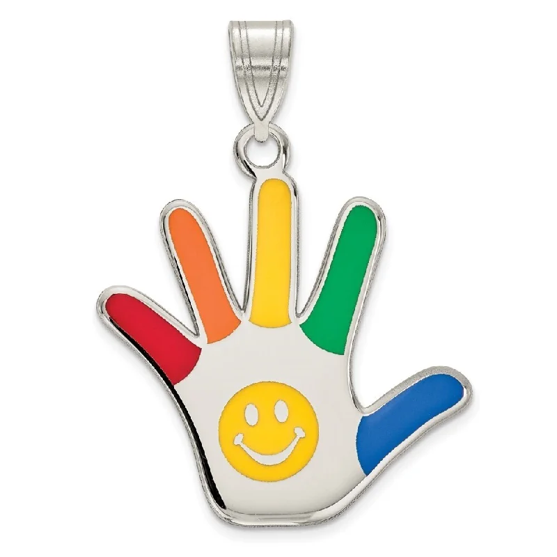 large gold pendant necklace -Diamond2Deal 925 Sterling Silver Rhodium Plated Enamel Autism Smiley Face Handprint Pendant (L- 30 mm, W- 20 mm)