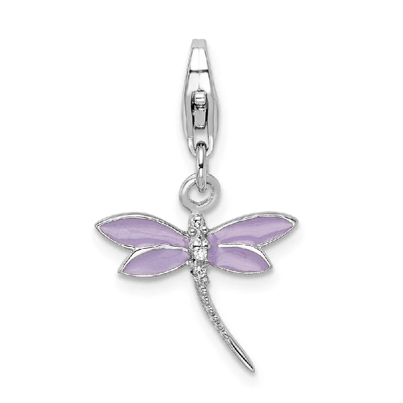 gold leaf charm necklace -Diamond2Deal 925 Sterling Silver Rhodium-plated Polished Lilac Enameled CZ Dragonfly Charm with Fancy Lobster Clasp