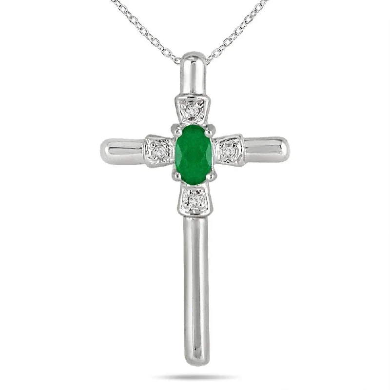 silver cross charm pendant -Emerald and Diamond Cross Pendant 10K White Gold