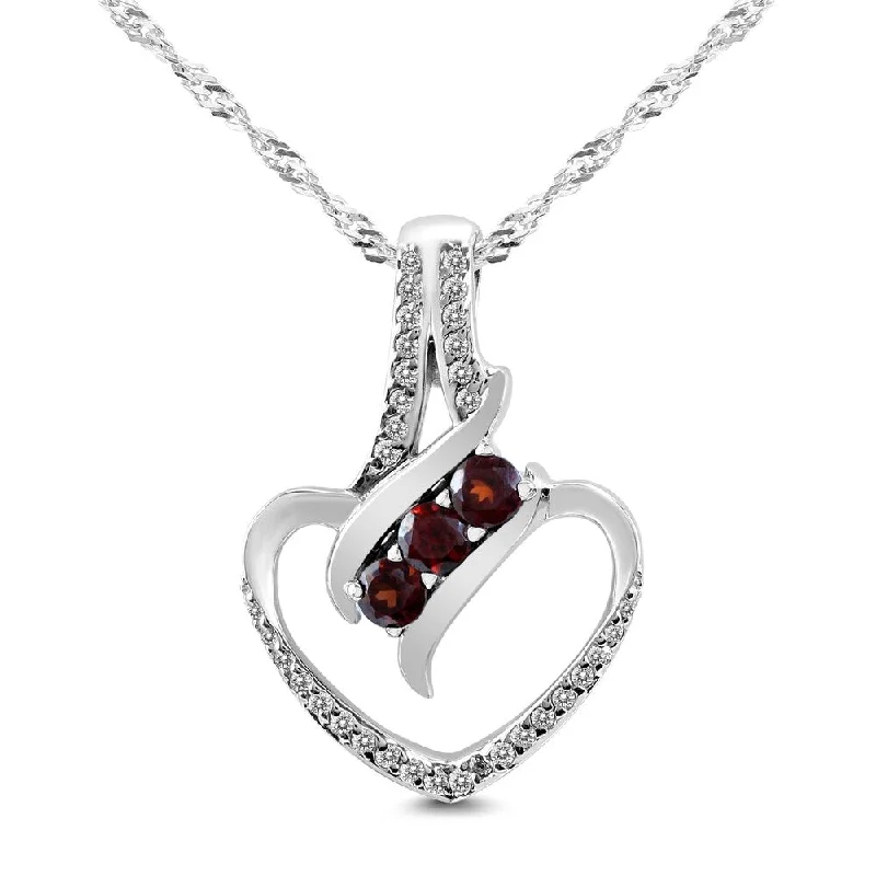 vintage gold pendant necklace -Garnet and White Topaz Heart Shape Pendant in .925 Sterling Silver