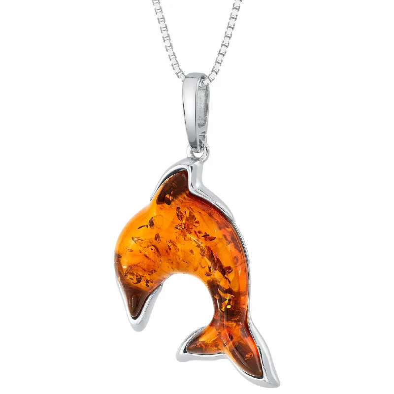 heart crystal necklace gold -Baltic Amber Dolphin Pendant Necklace Sterling Silver