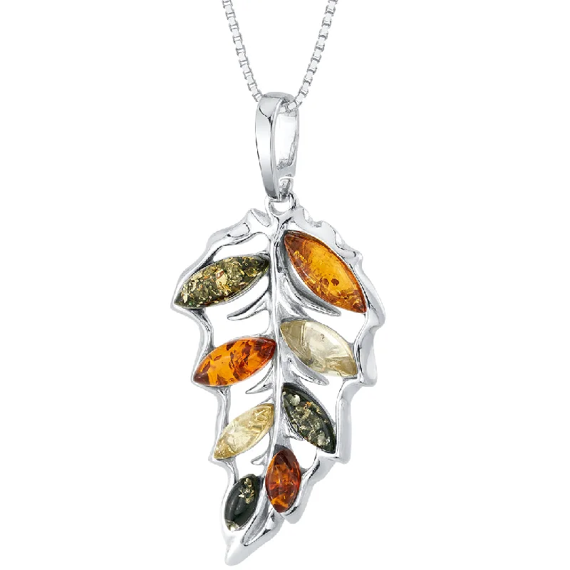 custom letter charm necklace silver -Baltic Amber Large Leaf Pendant Necklace Sterling Silver