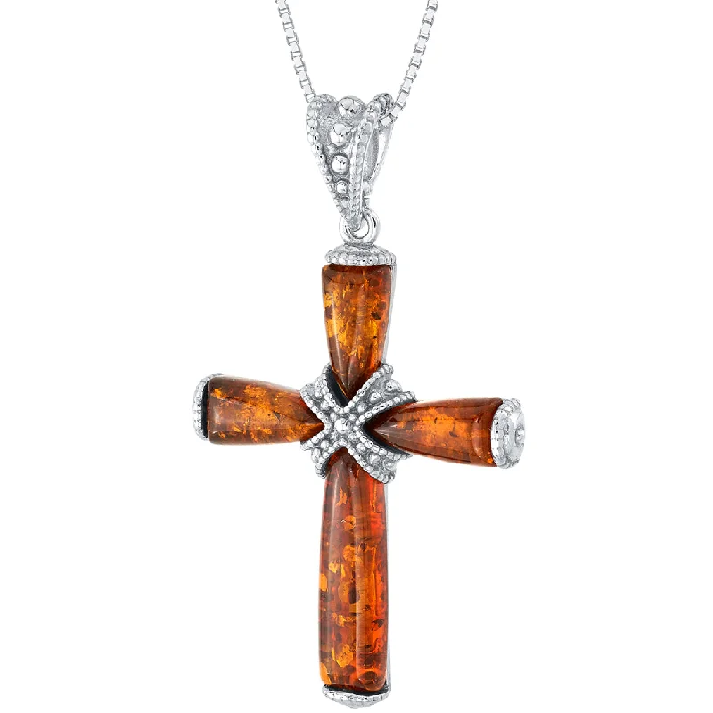 luxury gold pendant necklace -Baltic Amber Milgrain Cross Pendant Necklace Sterling Silver