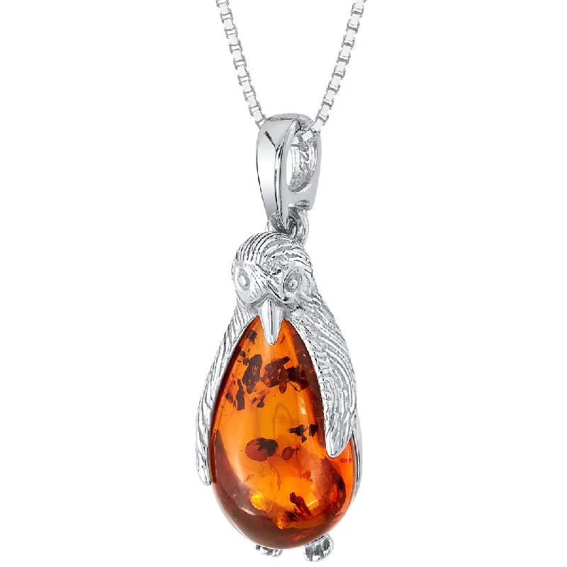 custom gemstone charm necklace -Baltic Amber Penguin Pendant Necklace Sterling Silver