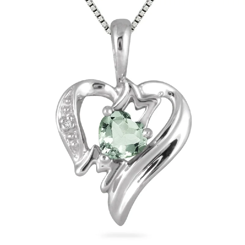 gemstone pendant necklace women -Green Amethyst and Diamond Heart MOM Pendant in 10K White Gold