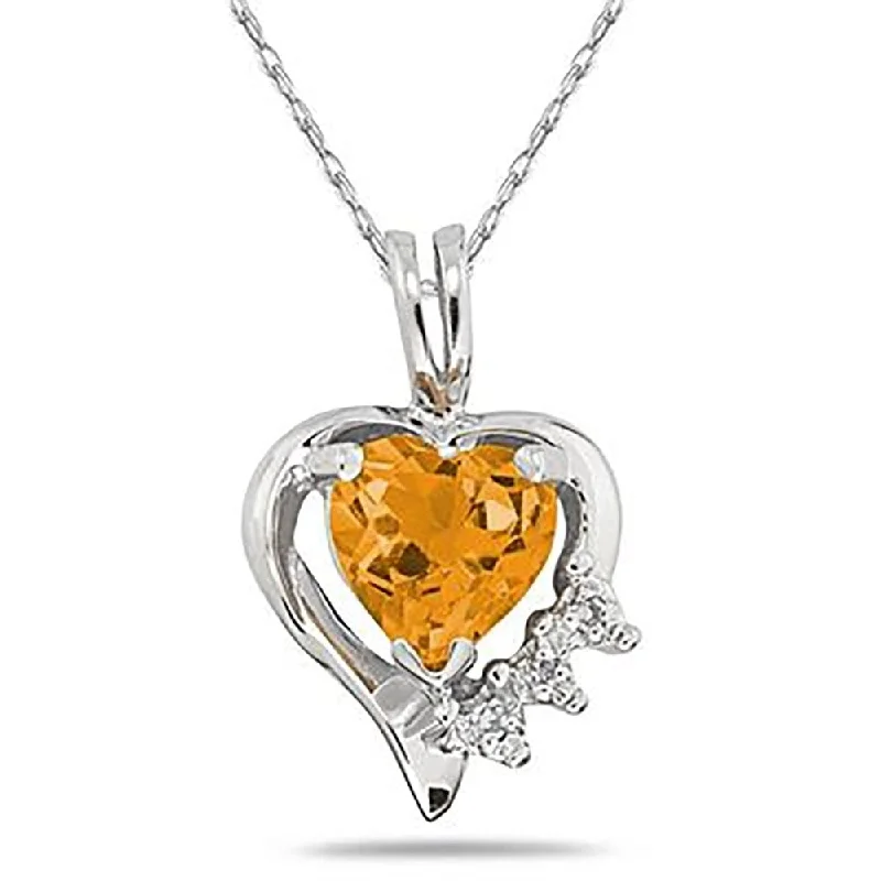 pearl pendant necklace silver -Heart Shape Citrine & Diamond Pendant in 10k White Gold